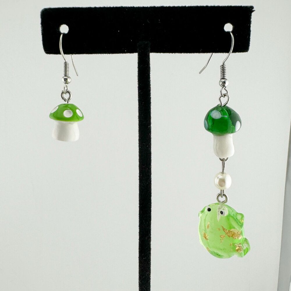Mismatched Vintage Frog Mushroom Earrings Green Summer Fun Asymmetrical Fairy